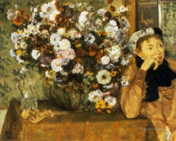 a woman seated beside a vase of flowers 1865 Edgar Degas Oil Paintings